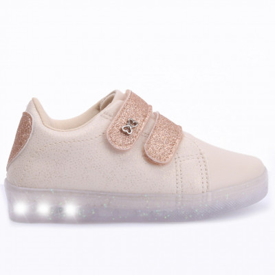 Tênis Infantil Feminino Com Led WorldColors Star Light Off White/dourado