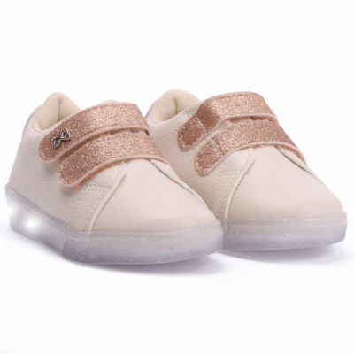 Tênis Infantil Feminino Com Led WorldColors Star Light Off White/dourado