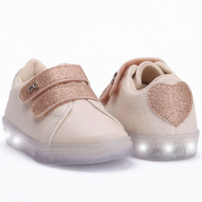 Tênis Infantil Feminino Com Led WorldColors Star Light Off White/dourado