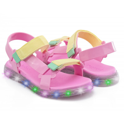Sandália Papete Infantil WorldColors Manu LED - Rosa/amarelo