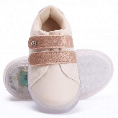 Tênis Infantil Feminino Com Led WorldColors Star Light Off White/dourado