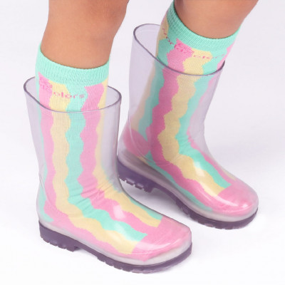 Bota Galocha Transparente Infantil Com Meia Listrada Ondulada Divertida WorldColors 