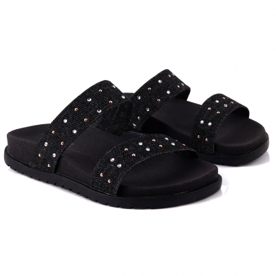 Sandália Papete Feminina Birken Rasteira WorldColors - Jeans/Preto 