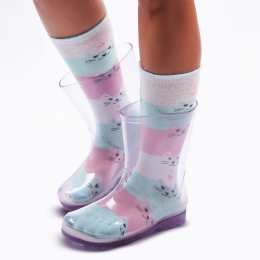 Bota Galocha Transparente Infantil e Meia Divertida Listrada De Gatinho WorldColors 
